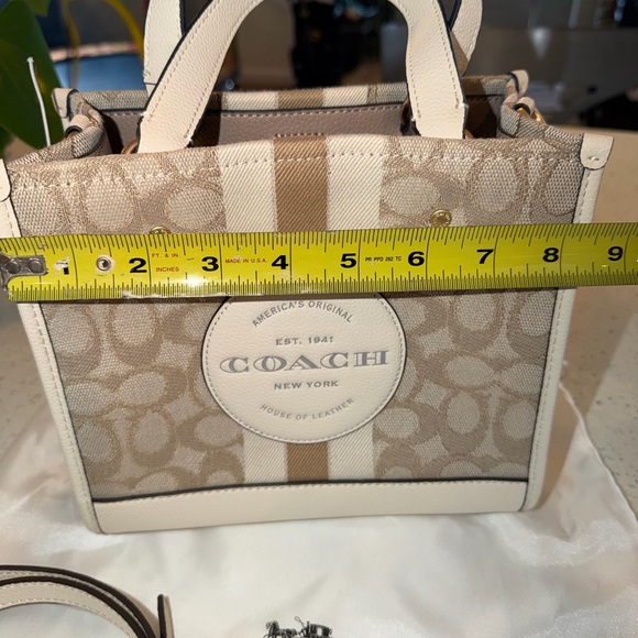 Coach small Beige Signature Jacquard Cream Leather Stripe Dempsey 22 Satchel - Picture 10 of 15